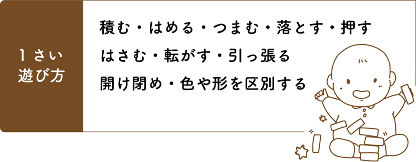 1歳の遊び方 積む・はめる・つまむ・落とす・押す・はさむ・転がす・引っ張る・開け閉め・色や形を区別する